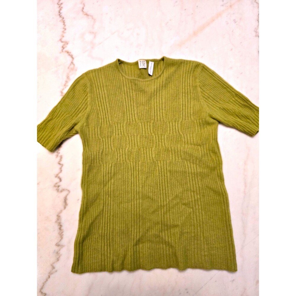 Vintage Cashmere TSE Green Short Sleeve Top Womens Medium Textured Design Retro